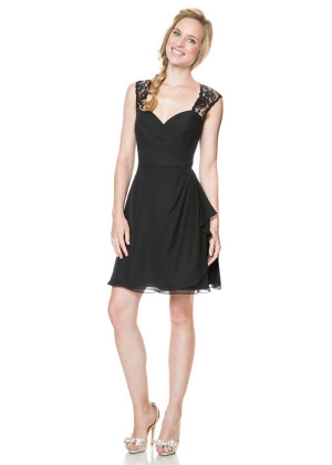 Black Lace Chiffon Keyhole Back Short Bridesmaid Dress